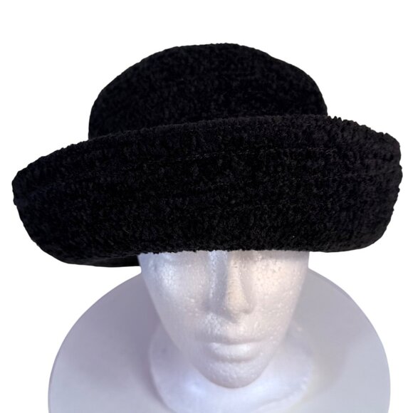 Arlin Black Fuzzy Bucket Hat Fuzzy Boucle Wide Rolled Brim Plush Winter VTG - Picture 1 of 8